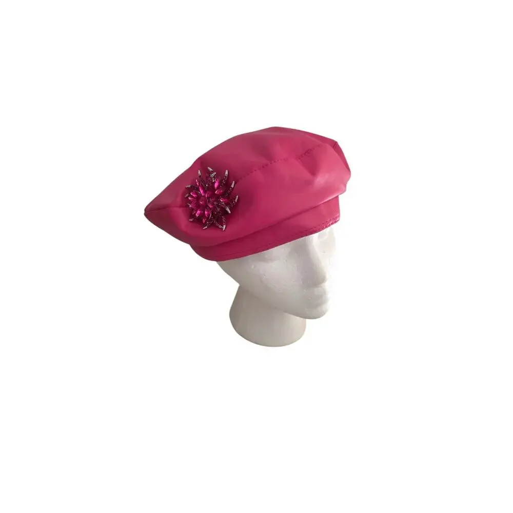 NEW Faux Leather Beret Hat Womens Hot Pink Detachable Crystal Brooch Pin 56-58cm